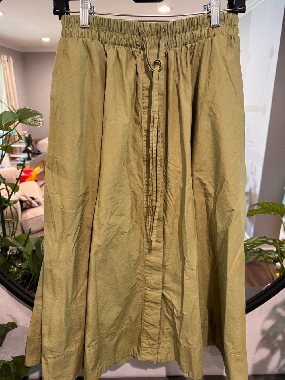 100% Cotton Olive Drawstring A-Line Midi Skirt